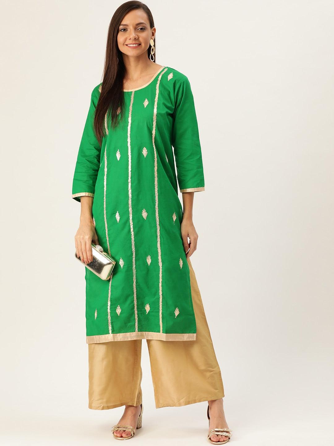 Women's Green & Golden Embroidered Straight Kurta - Noz2Toz - Indiakreations