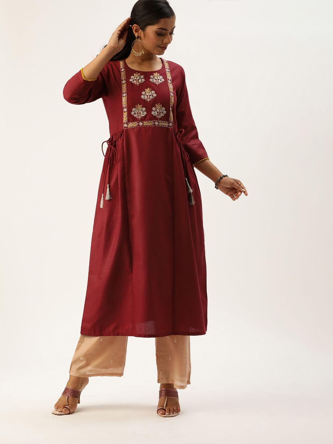 Women Maroon Embroidered A-Line Kurta With Waist Tie-Ups - Indiakreations