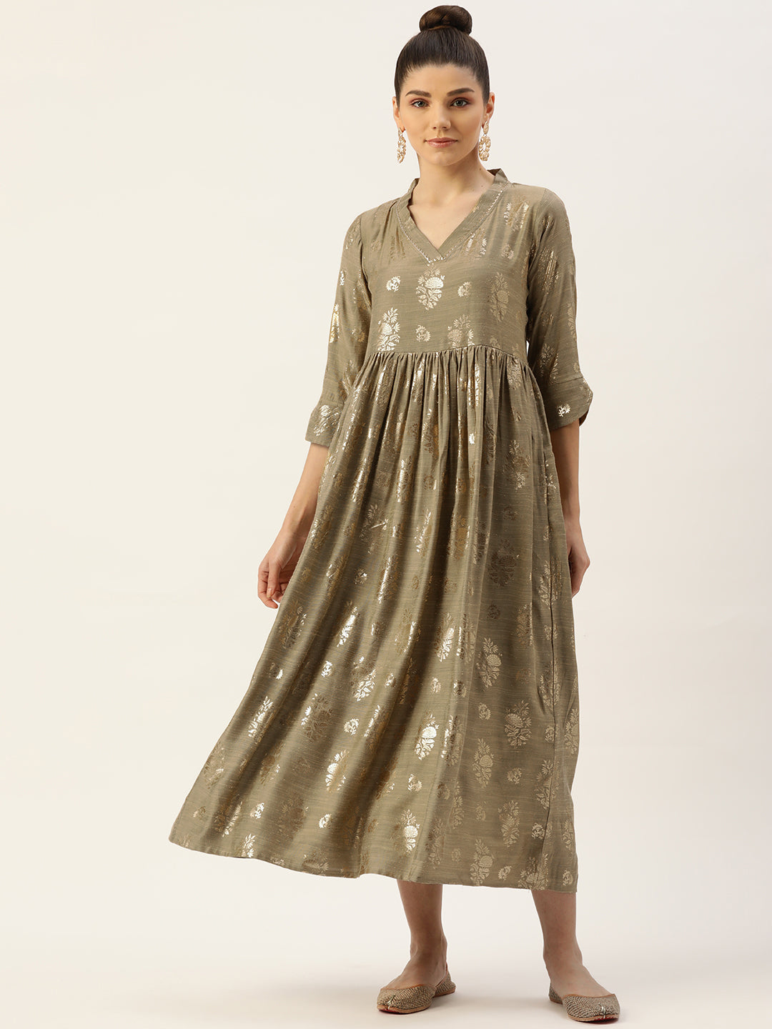 Women's Gold Color Rayon Blend Foil Printed A-Line Flared Dress - Vaaba