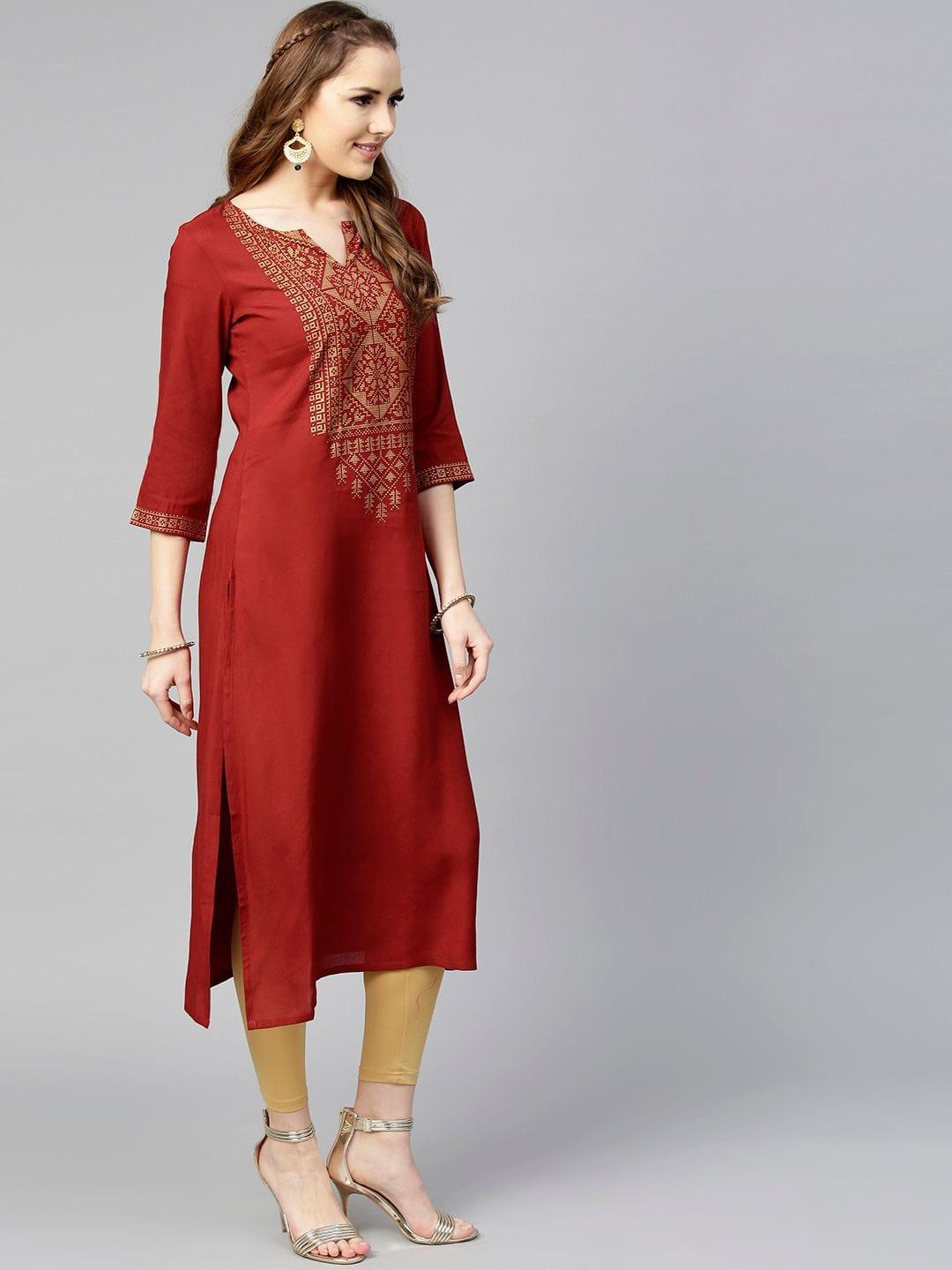 Women Maroon Foil Print Yoke Design Straight Kurta - Indiakreations