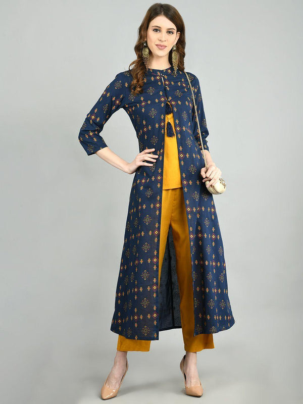 Women Navy Blue Cotton Printed Shrug, Top and Pant Set by Myshka (3 Pc Set) - Indiakreations