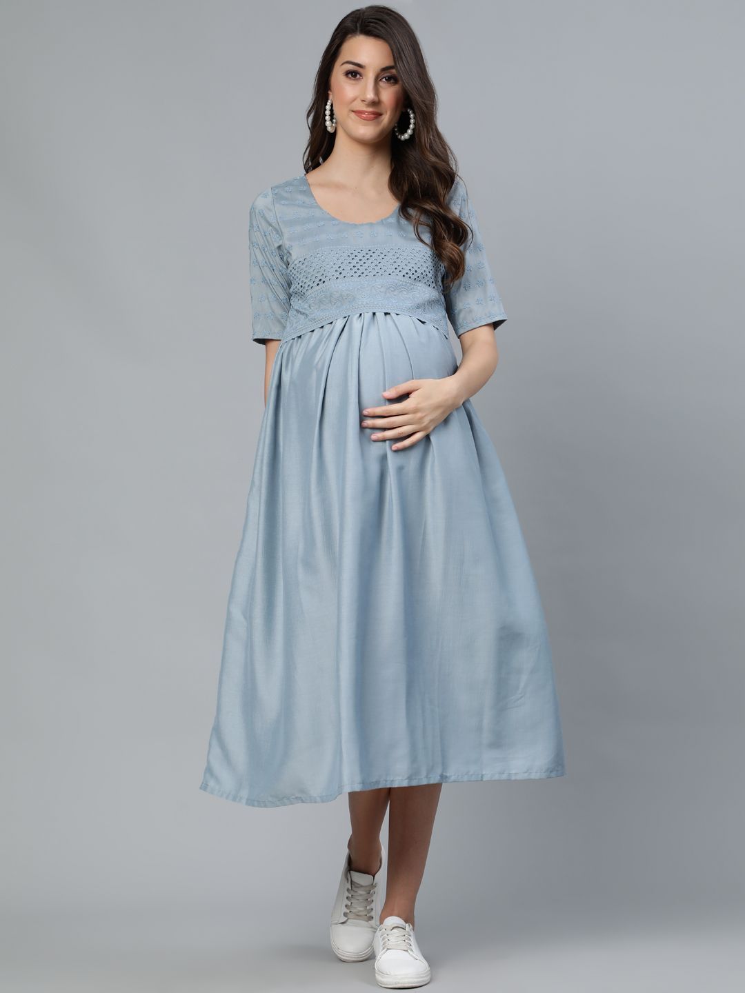 Women's Blue Schiffli Design Maternity Dress - AKS