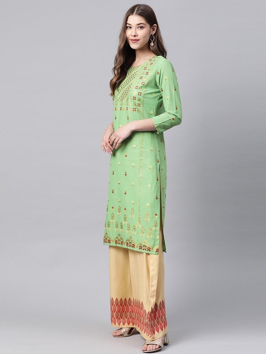 Women's Green & Beige Printed Pure Cotton Kurta with Palazzos - Meeranshi - Indiakreations