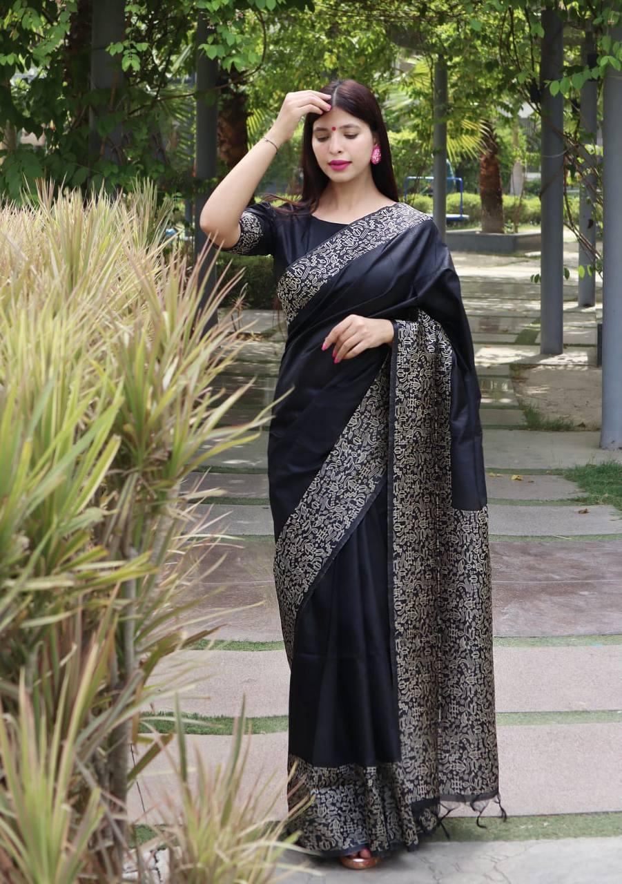 Dark Blue Banglori Handloom Raw Silk Saree - Indiakreations