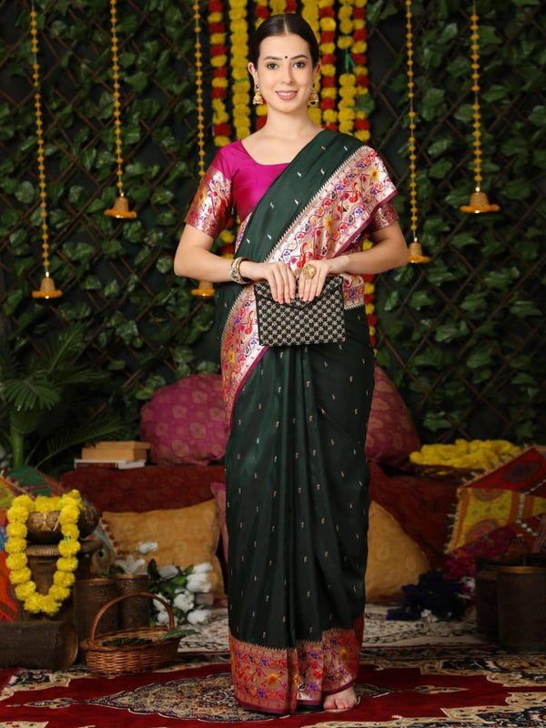 Dark Green Banarasi Silk Paithani Saree - Indiakreations