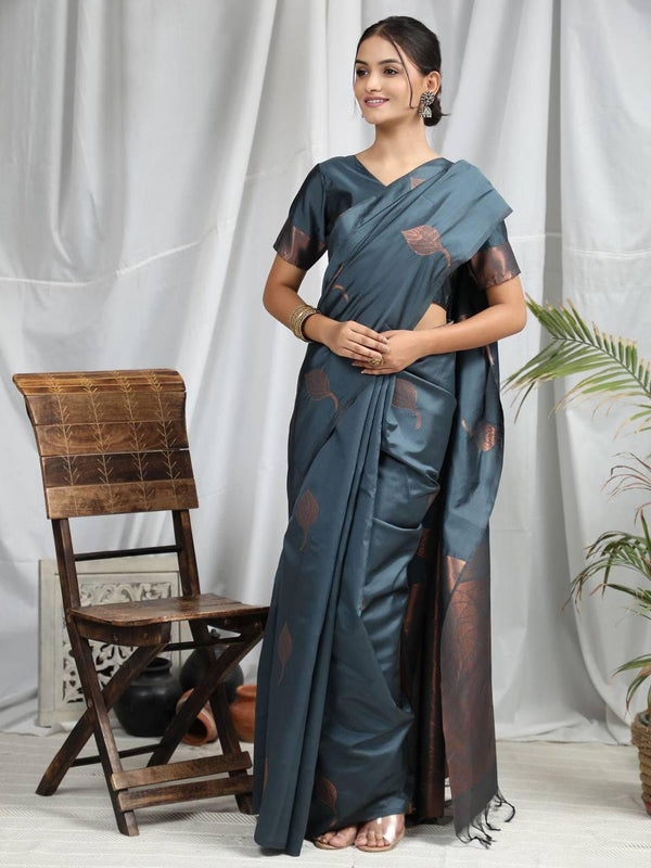 Dark Grey Leaf Soft Silk Saree - Indiakreations