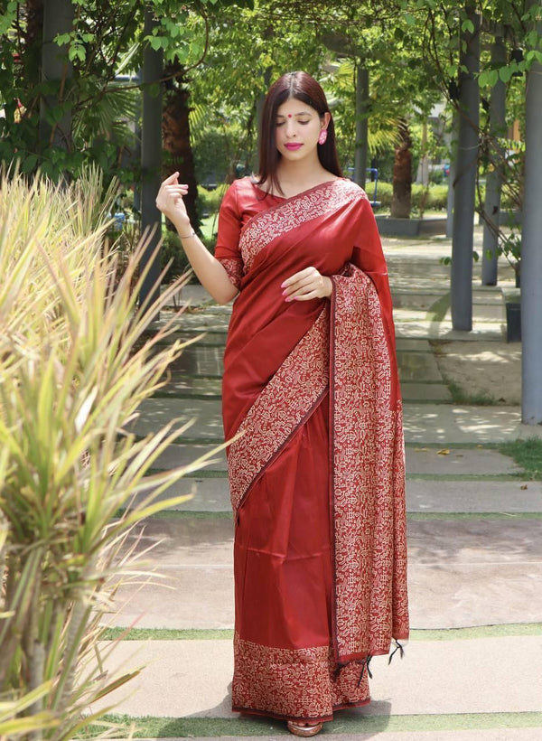 Red Banglori Handloom Raw Silk Saree - Indiakreations