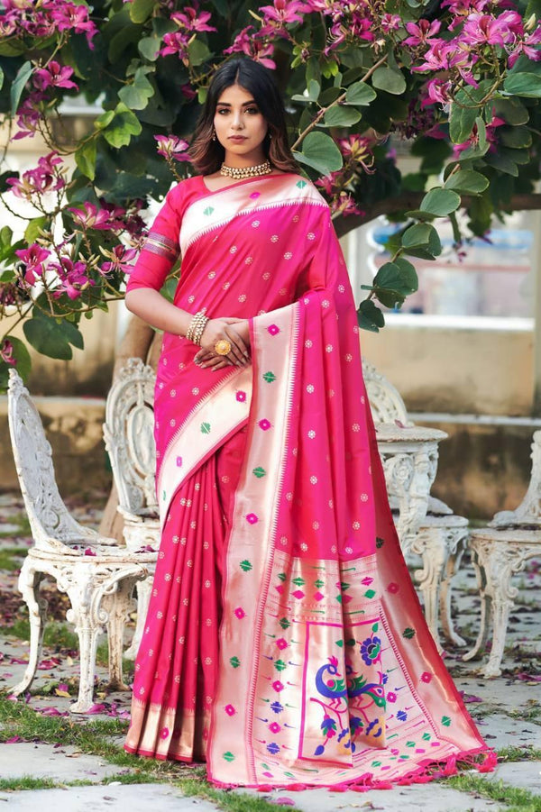 Dark Pink Banarasi Silk Saree - Indiakreations