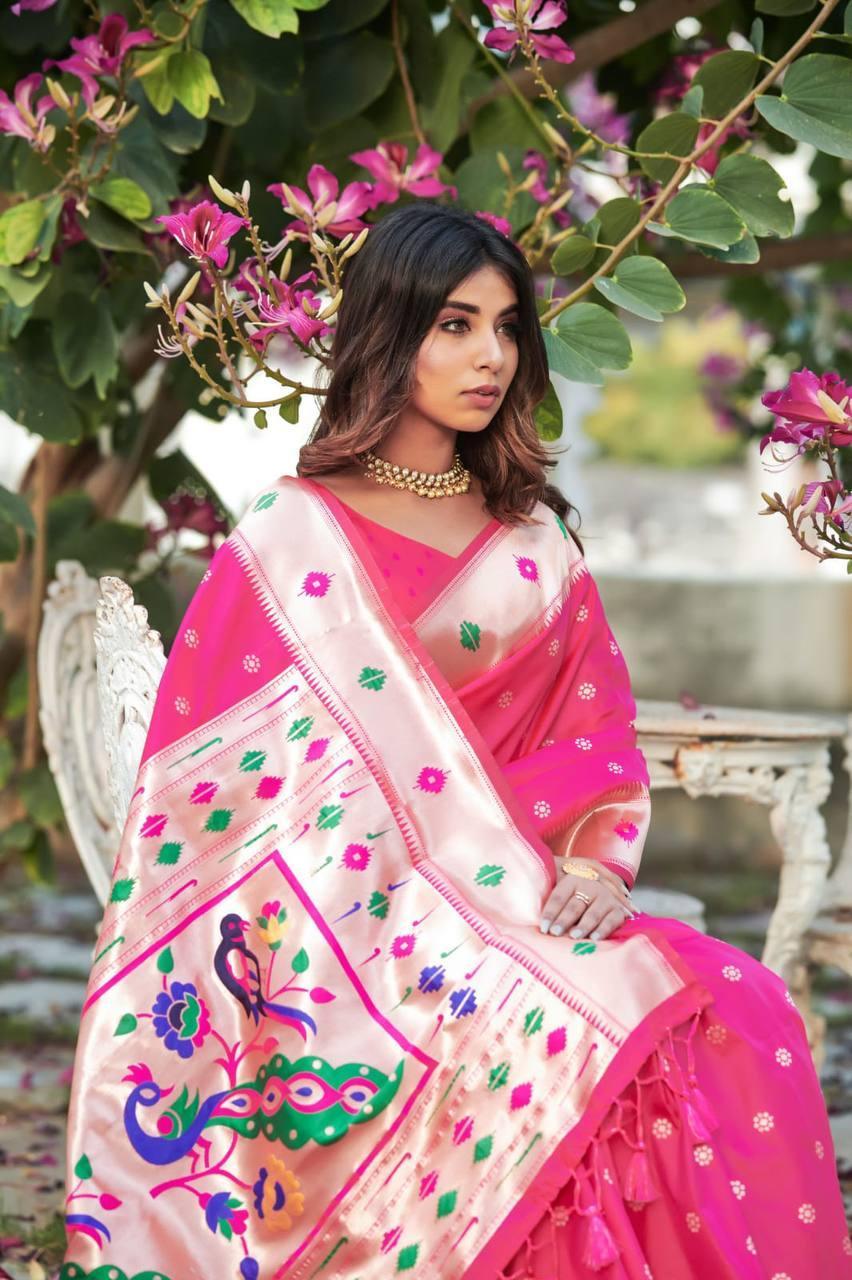 Dark Pink Banarasi Silk Saree - Indiakreations