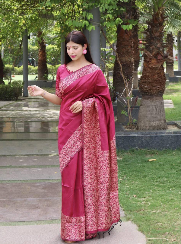 Dark Pink Banglori Handloom Raw Silk Saree - Indiakreations