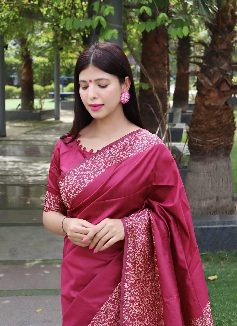 Dark Pink Banglori Handloom Raw Silk Saree - Indiakreations