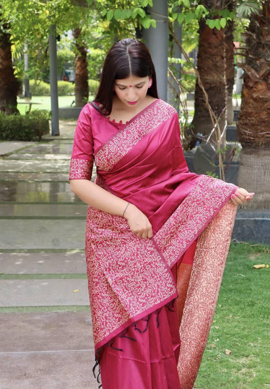 Dark Pink Banglori Handloom Raw Silk Saree - Indiakreations