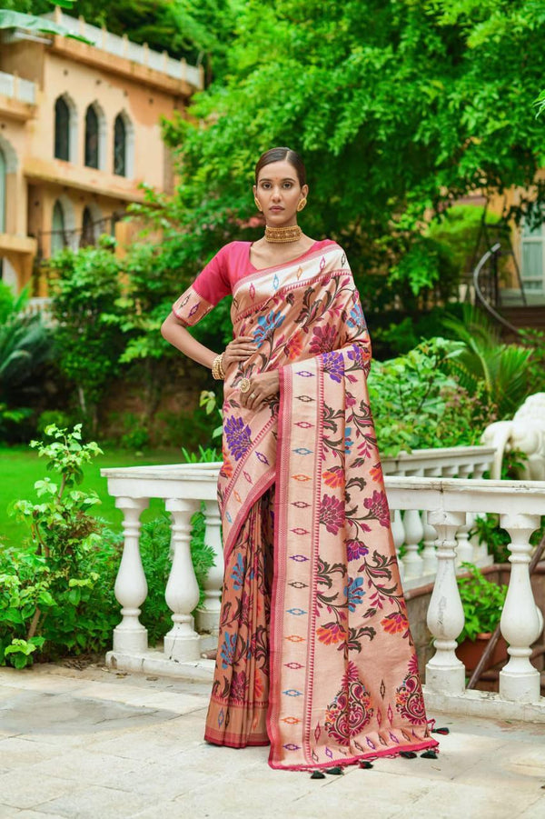 Dark Pink Floral Banarasi Silk Saree - Indiakreations