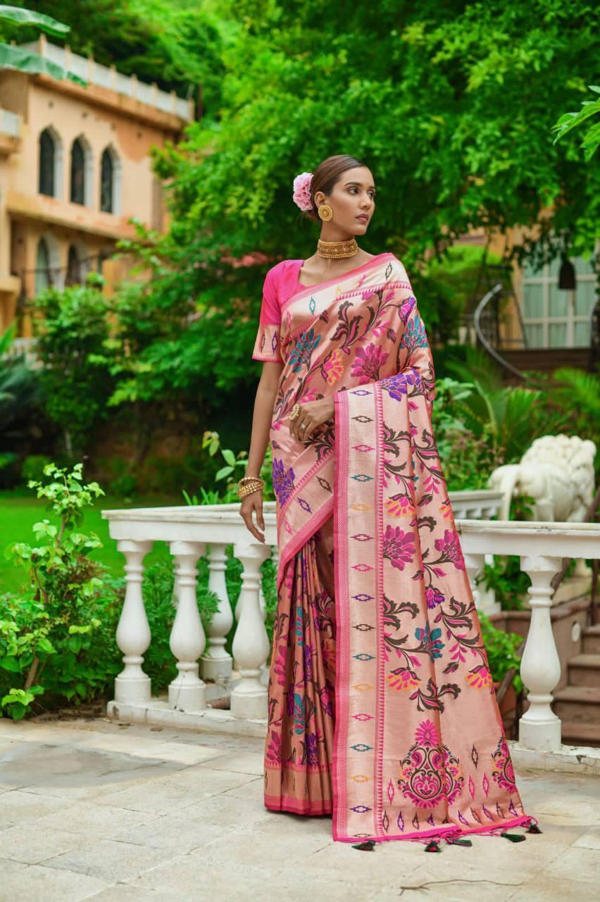 Dark Pink Floral Banarasi Silk Saree - Indiakreations