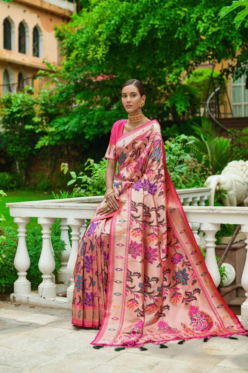 Dark Pink Floral Banarasi Silk Saree - Indiakreations