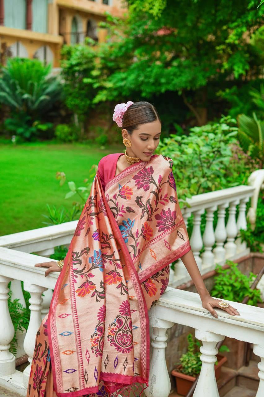 Dark Pink Floral Banarasi Silk Saree - Indiakreations