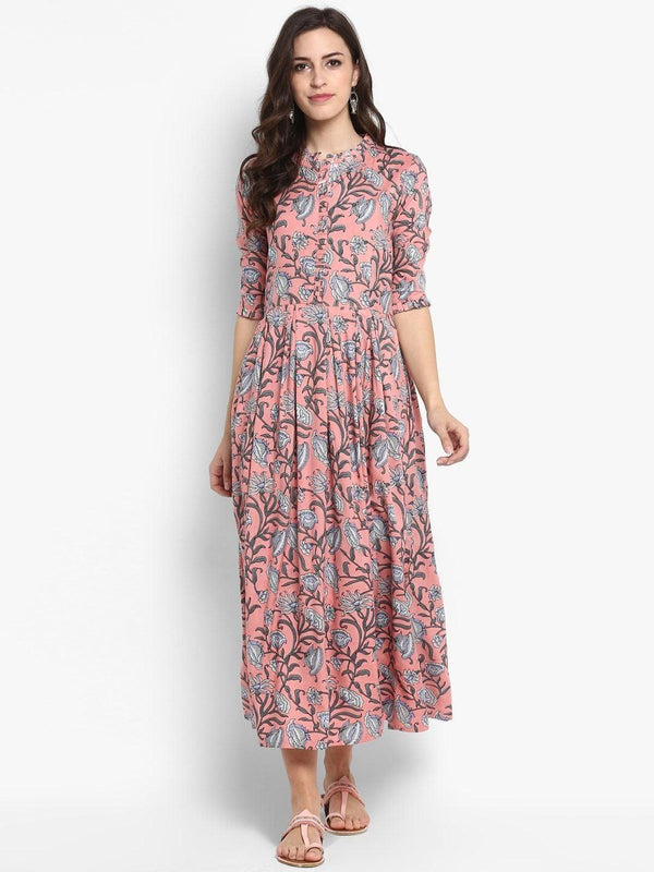 Women's Peach-Coloured Printed Maxi Dress - Meeranshi - Indiakreations