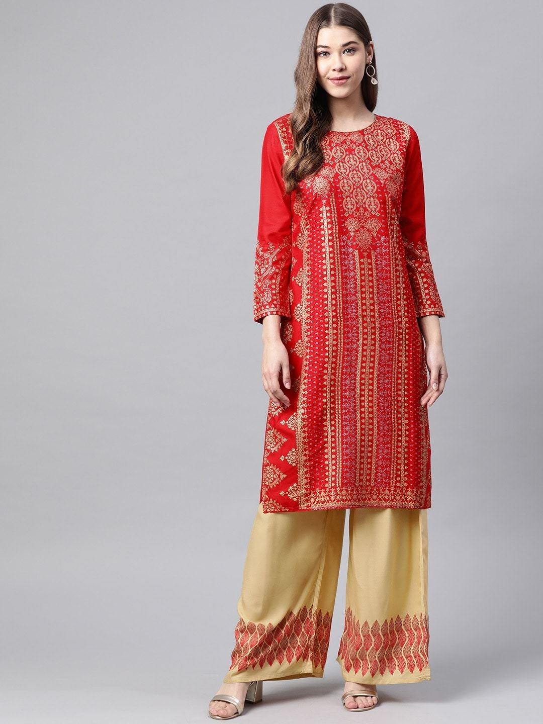 Women's Red & Beige Printed Kurta with Palazzos - Meeranshi - Indiakreations