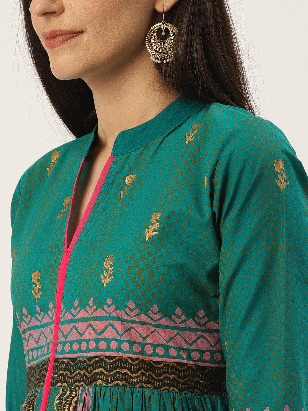 Women's Teal Green & Pink Hand Block Printed A-Line Kurta - Noz2Toz - Indiakreations