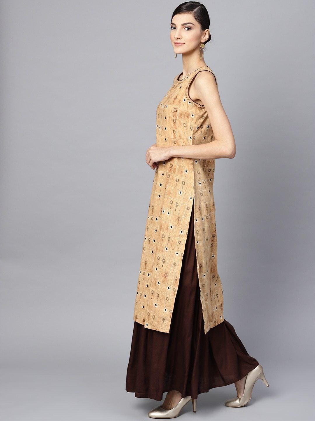 Women's Beige & Coffee Brown Printed Kurta with Skirt - Meeranshi - Indiakreations