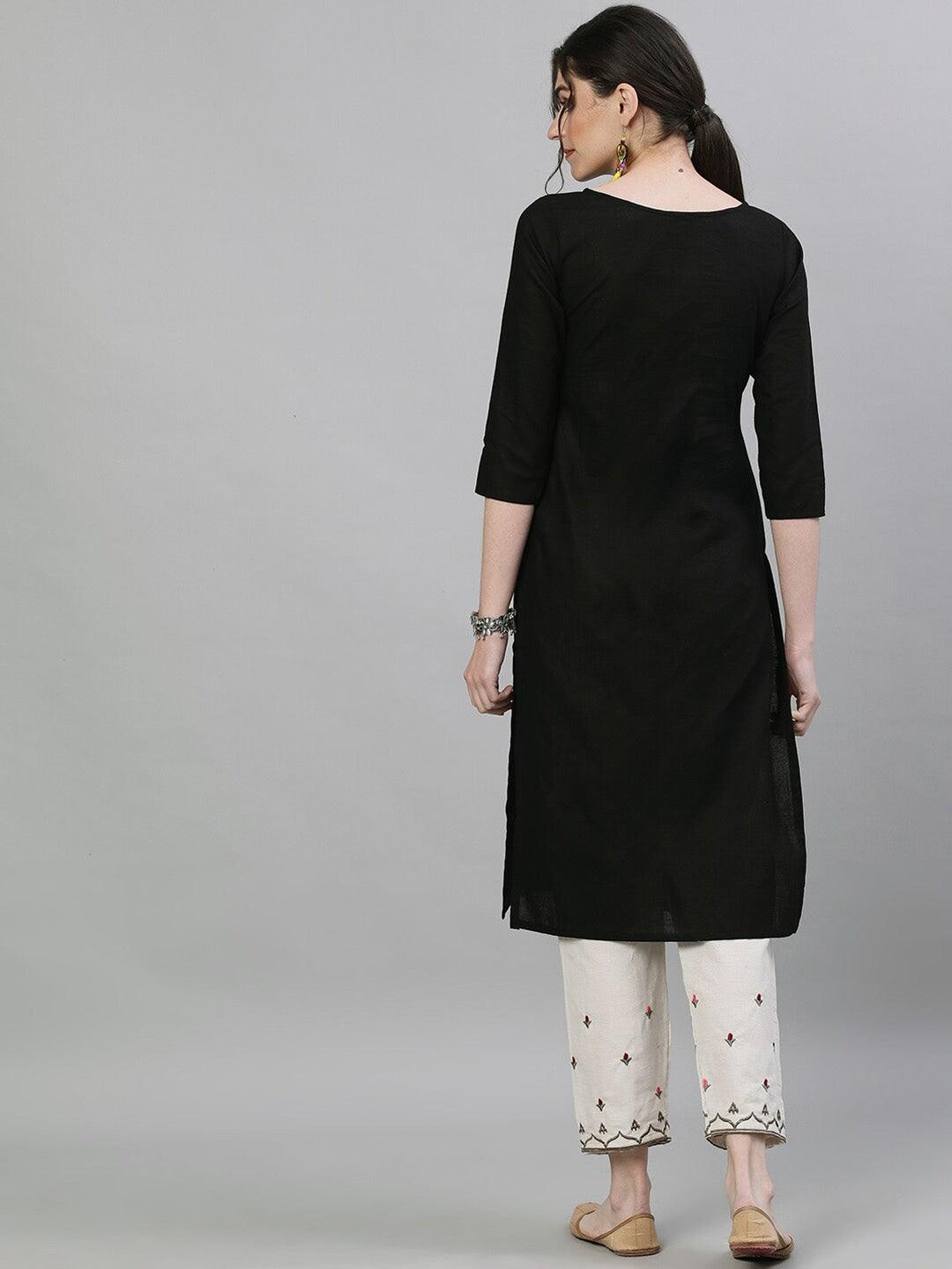 Women Black Cotton Kurta with Pant by Ishin (2pcs Set) - Indiakreations