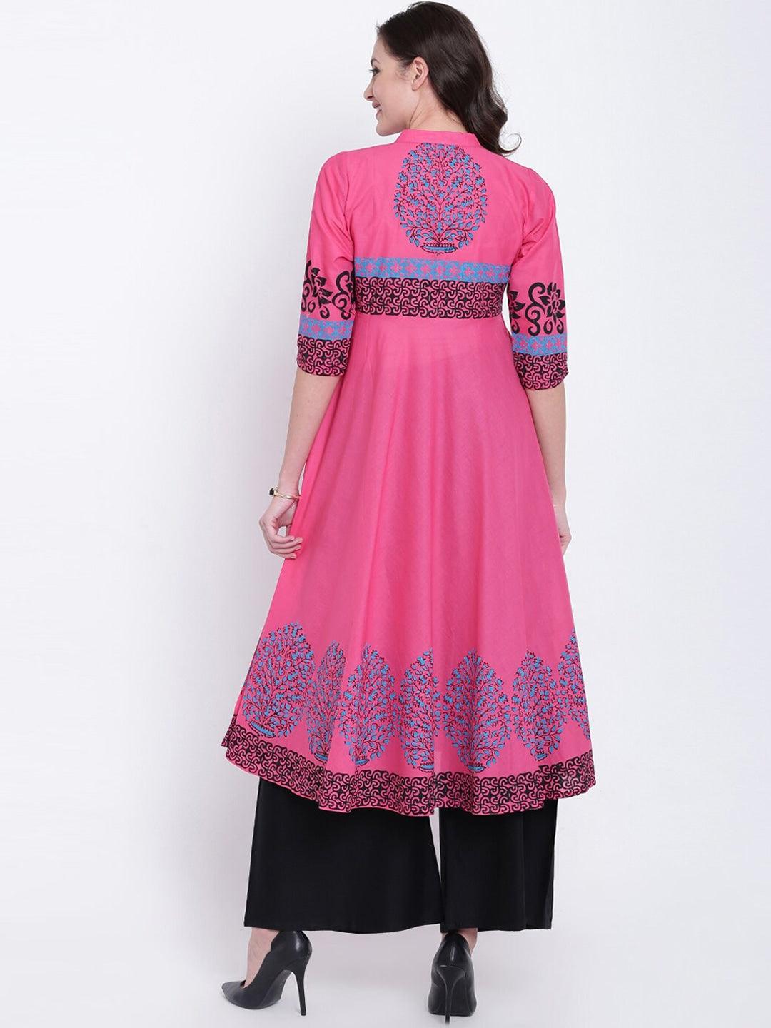 Women's Pink & Blue Ethnic Motifs Printed Cotton Anarkali Kurta - Noz2Toz - Indiakreations