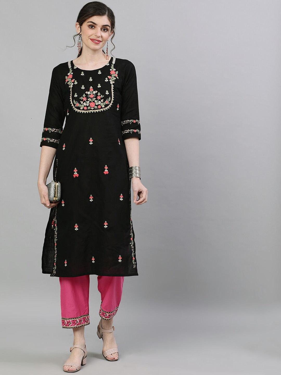 Women Black Cotton Straight Kurta by Ishin (1pc) - Indiakreations