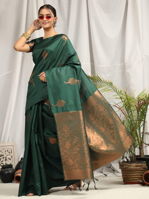 Deep Green Leaf Soft Silk Saree - Indiakreations