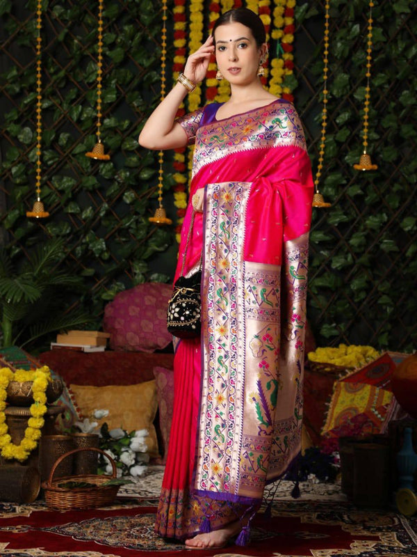 Deep Pink Banarasi Silk Paithani Saree - Indiakreations