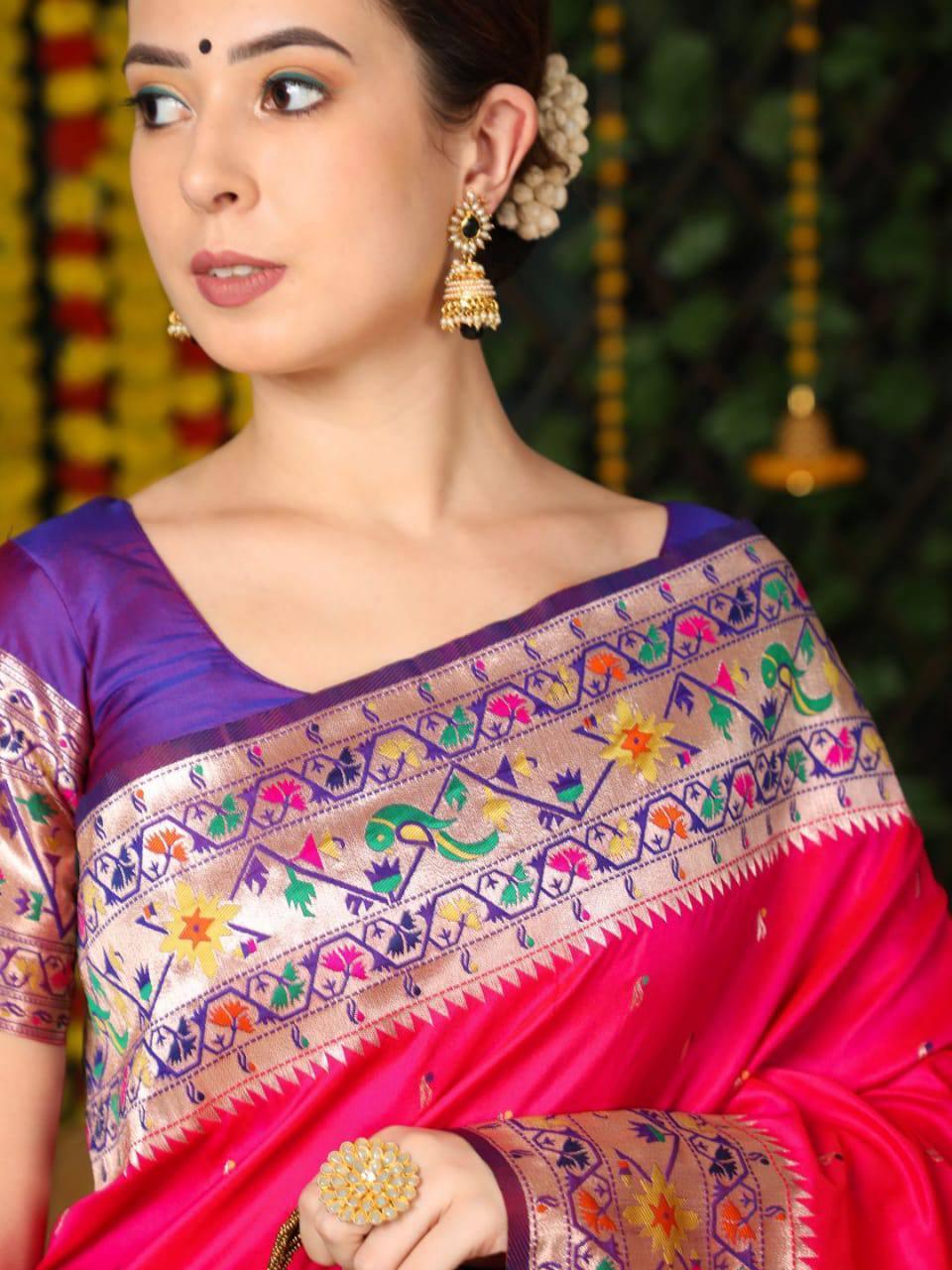 Deep Pink Banarasi Silk Paithani Saree - Indiakreations