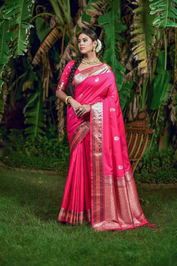 Deep Pink Banarasi Silk Saree - Indiakreations