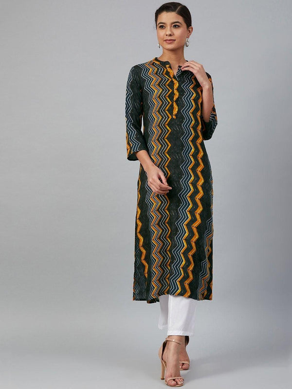 Women's Charcoal Grey & Mustard Yellow Printed Straight Kurta - Meeranshi - Indiakreations