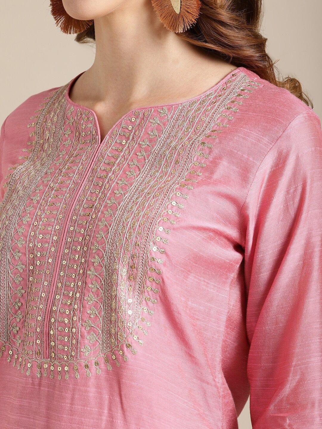 Pink & Gold Coloured Yoke Design Kurta With Trousers & Dupatta - Indiakreations