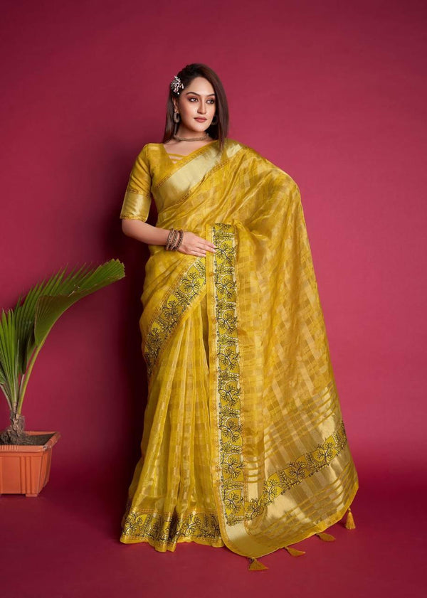 Dijon Yellow Organza Silk Saree - Indiakreations