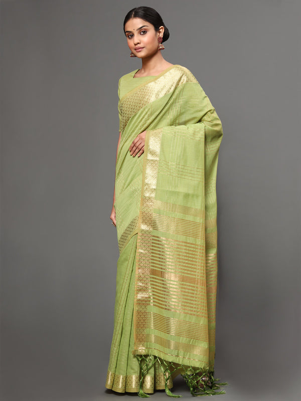 Women's Pista Color Beautiful Ethnic Wear Cottan fabric saree - AAISHREE