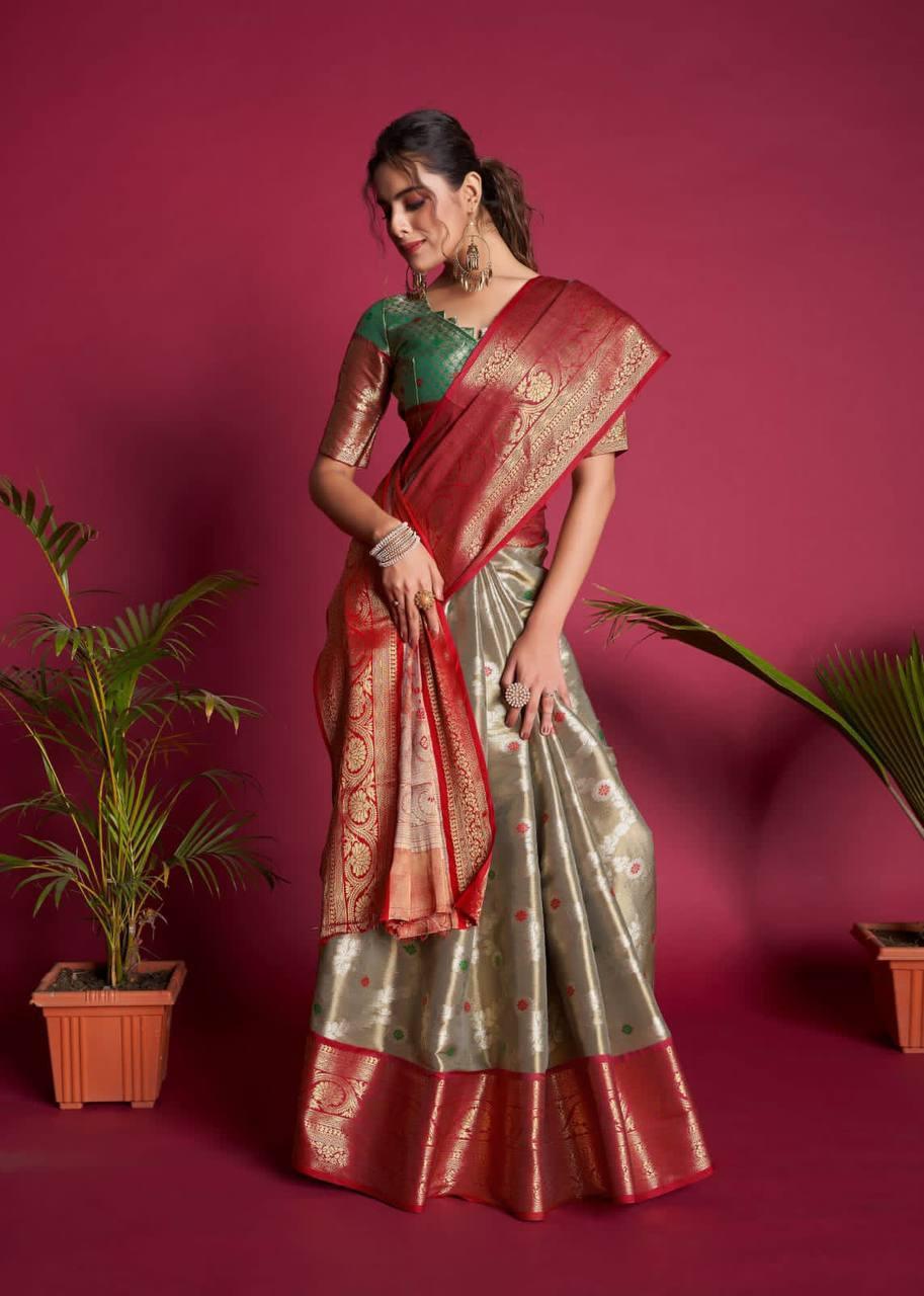 Dolphin Grey Kanjivaram Silk Saree - Indiakreations