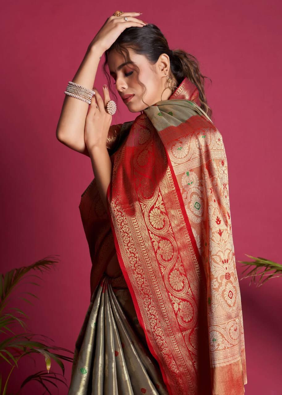 Dolphin Grey Kanjivaram Silk Saree - Indiakreations