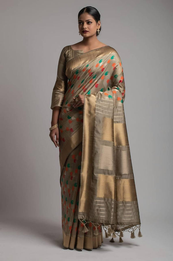 Dolphin Grey Paisley Kadampalli Tussar Silk Saree - Indiakreations