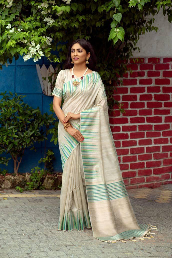 Dolphin Grey Tusser Silk Saree - Indiakreations