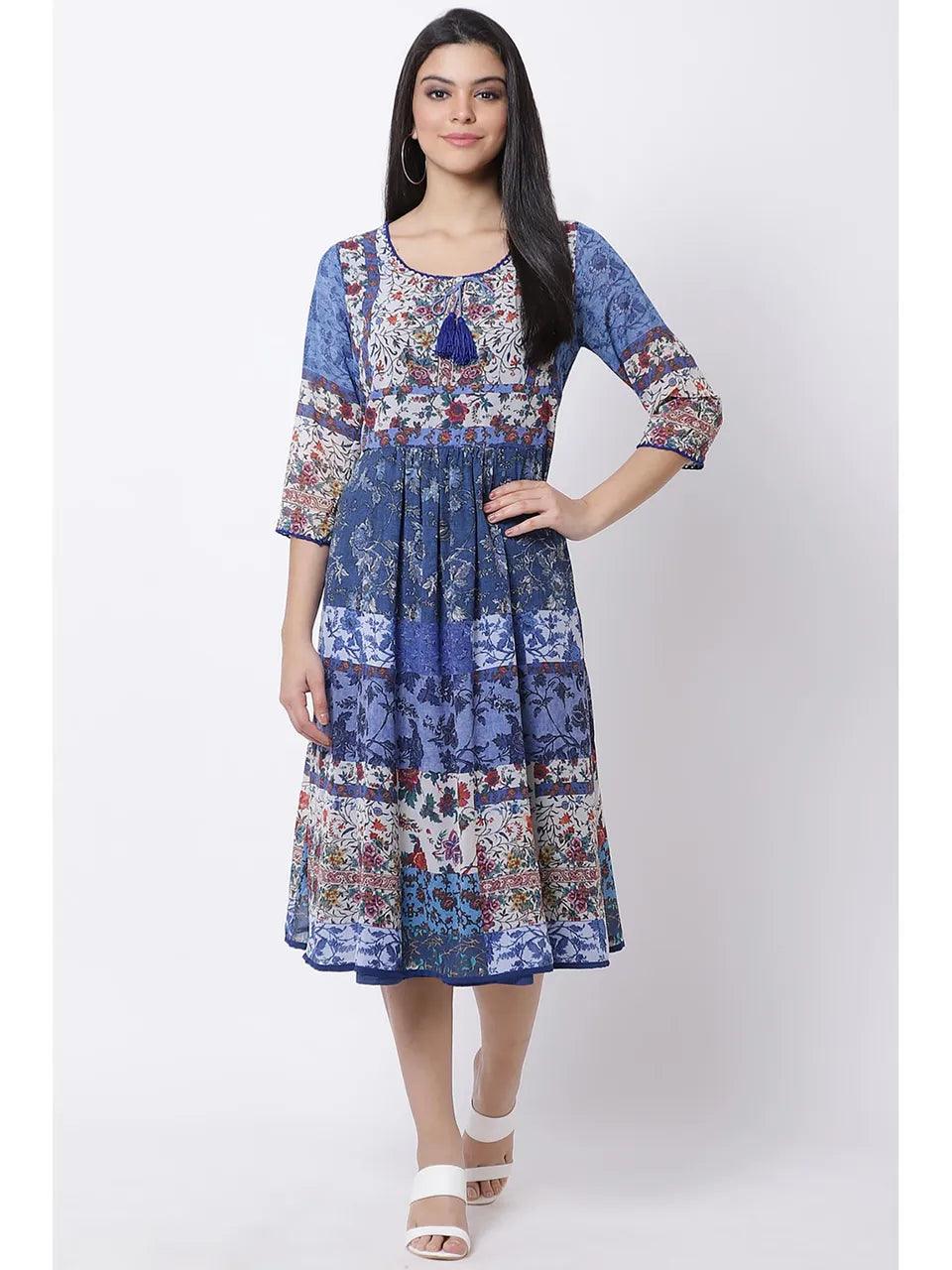 Women's Blue Floral Midi Dress - BIBA - Indiakreations