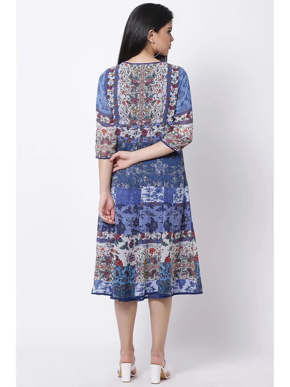 Women's Blue Floral Midi Dress - BIBA - Indiakreations