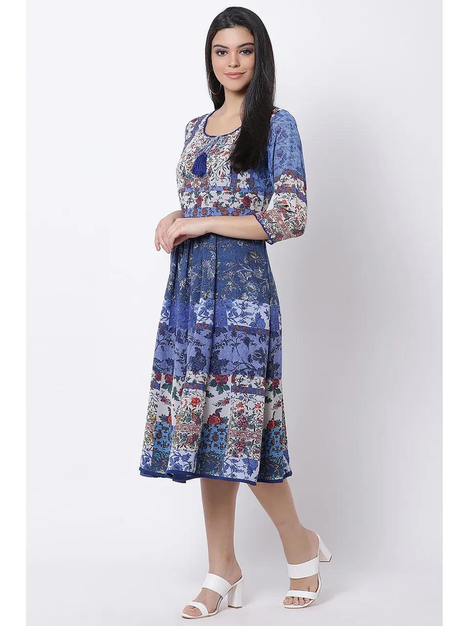 Women's Blue Floral Midi Dress - BIBA - Indiakreations