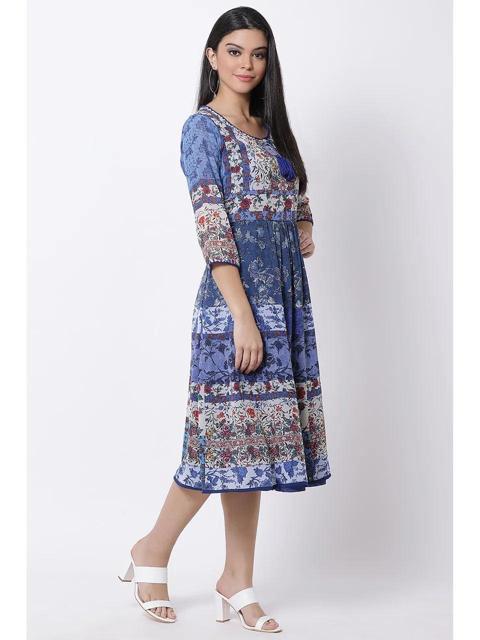 Women's Blue Floral Midi Dress - BIBA - Indiakreations