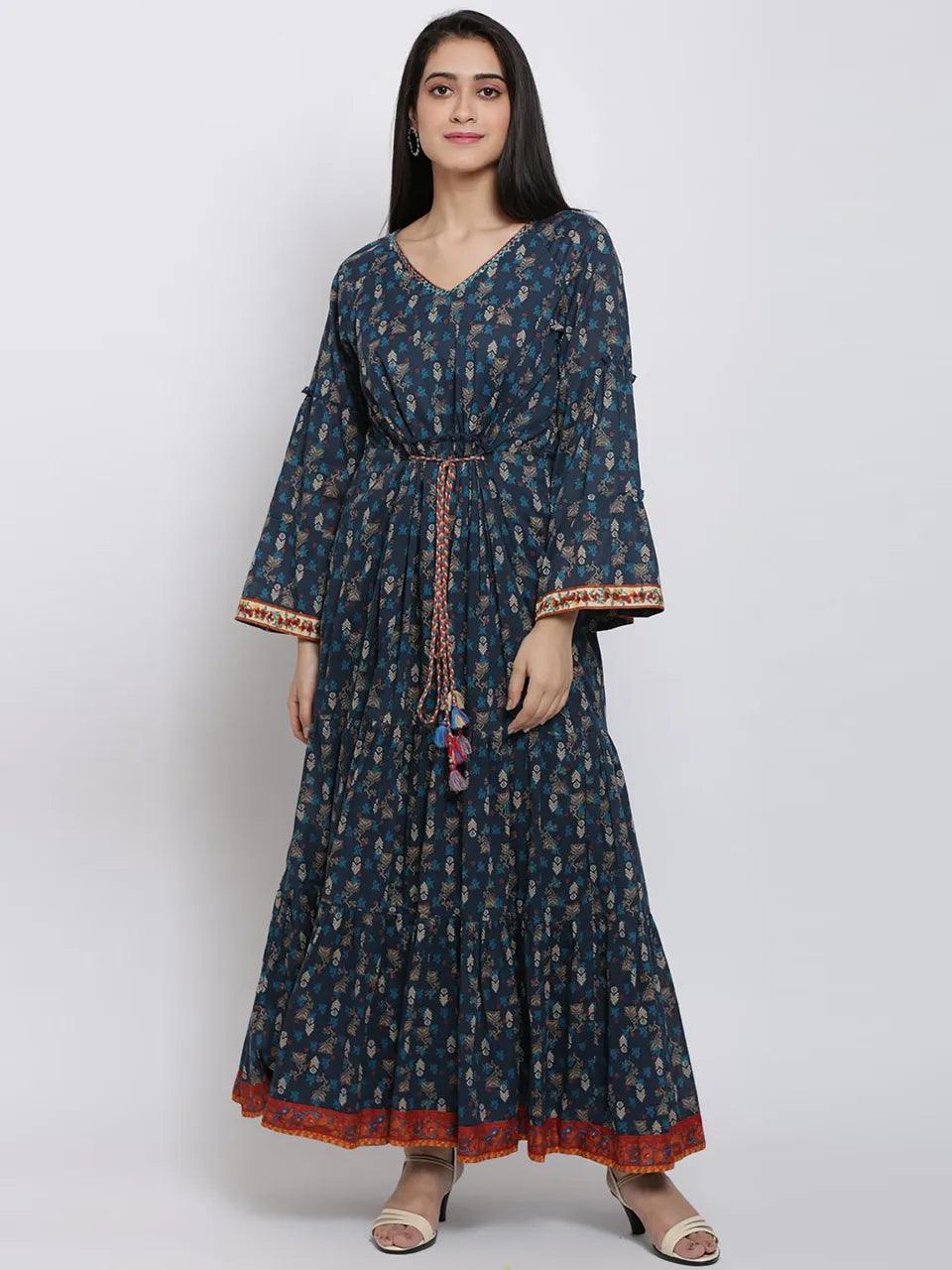 Women's Indigo Printed Dress - BIBA - Indiakreations