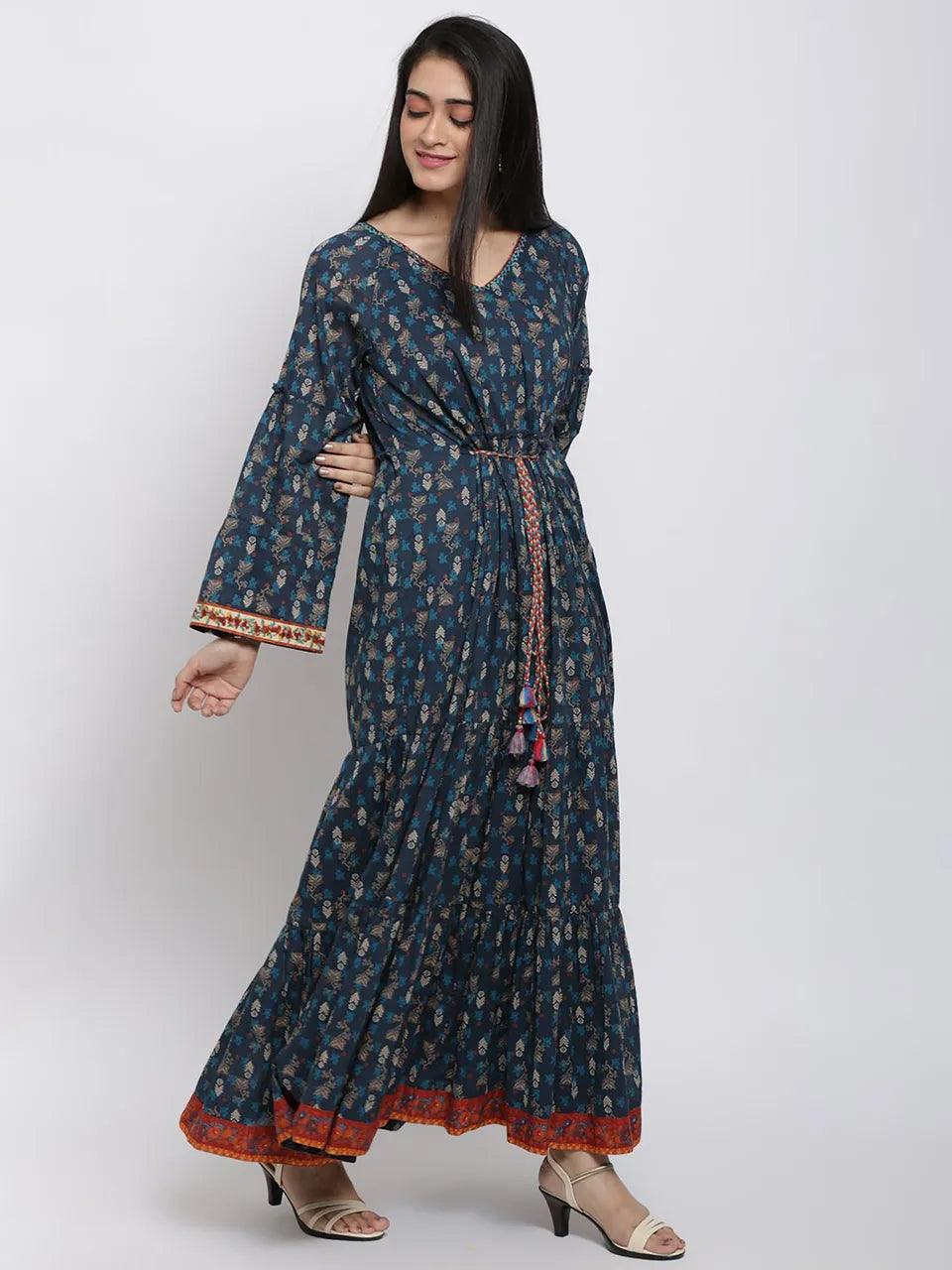 Women's Indigo Printed Dress - BIBA - Indiakreations