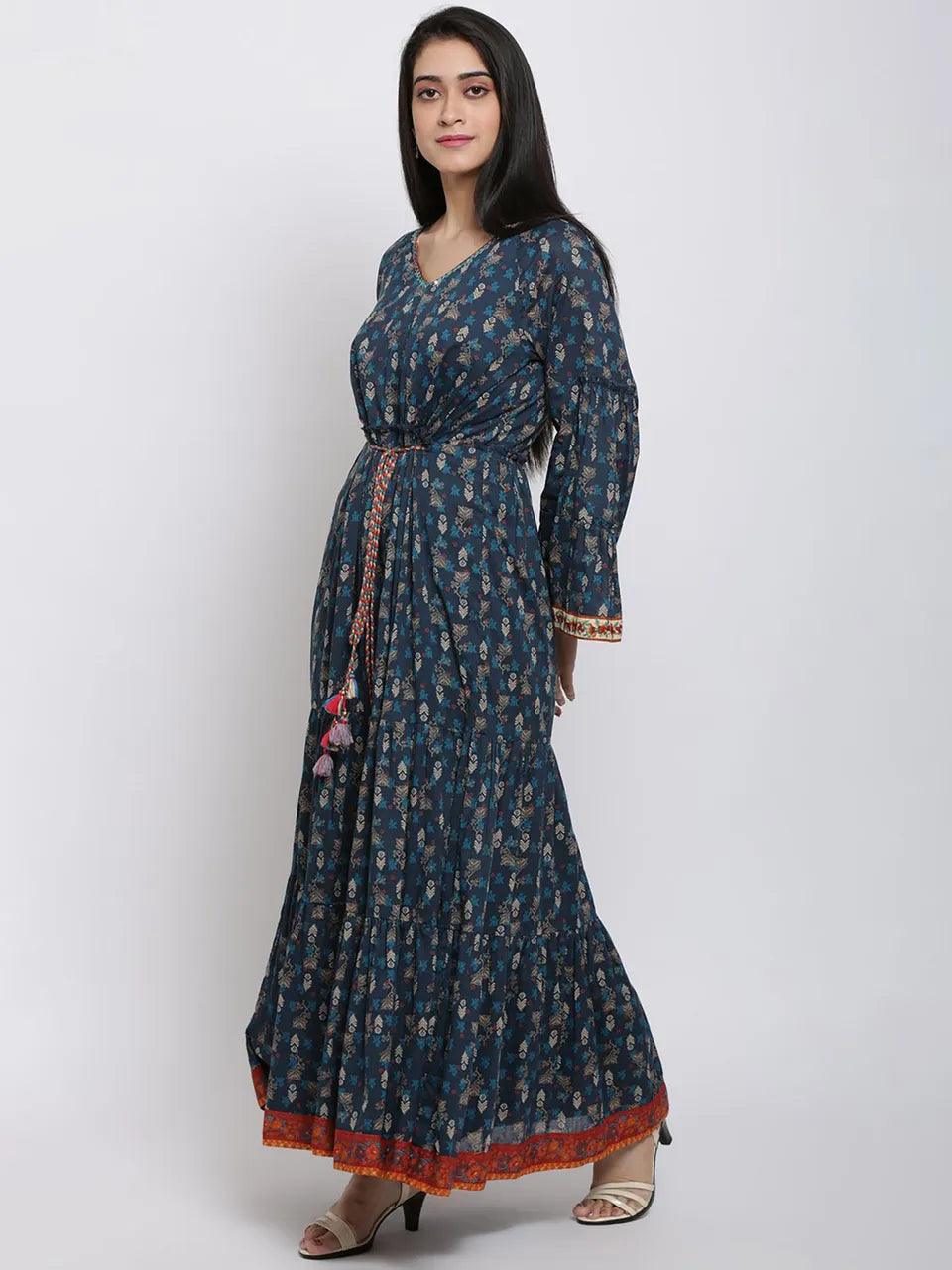 Women's Indigo Printed Dress - BIBA - Indiakreations