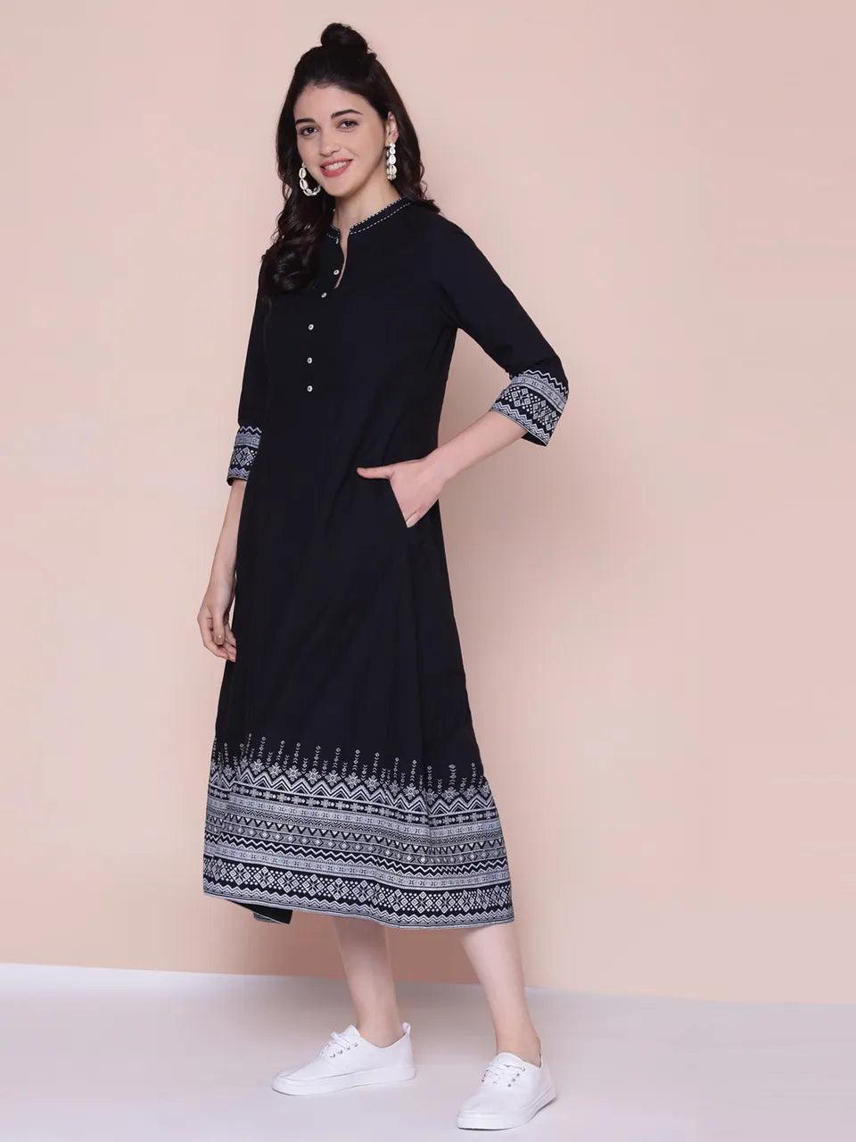 Women's Black Printed Dress - BIBA - Indiakreations