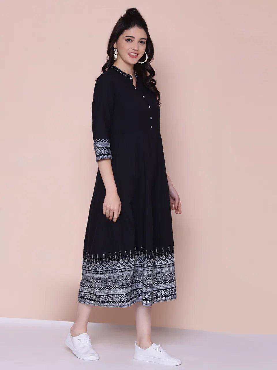 Women's Black Printed Dress - BIBA - Indiakreations