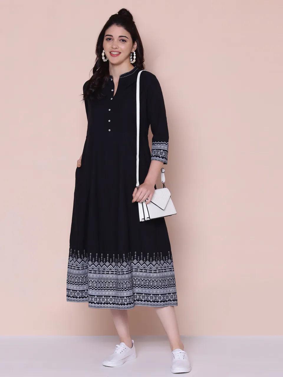 Women's Black Printed Dress - BIBA - Indiakreations