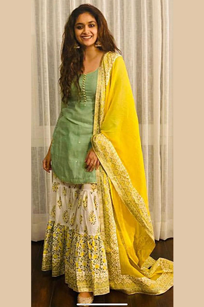 Keerthi Suresh in  CHAAND GREEN YELLOW JAAL & BOOTI BLOCK PRINTED SHARARA SET OF 3